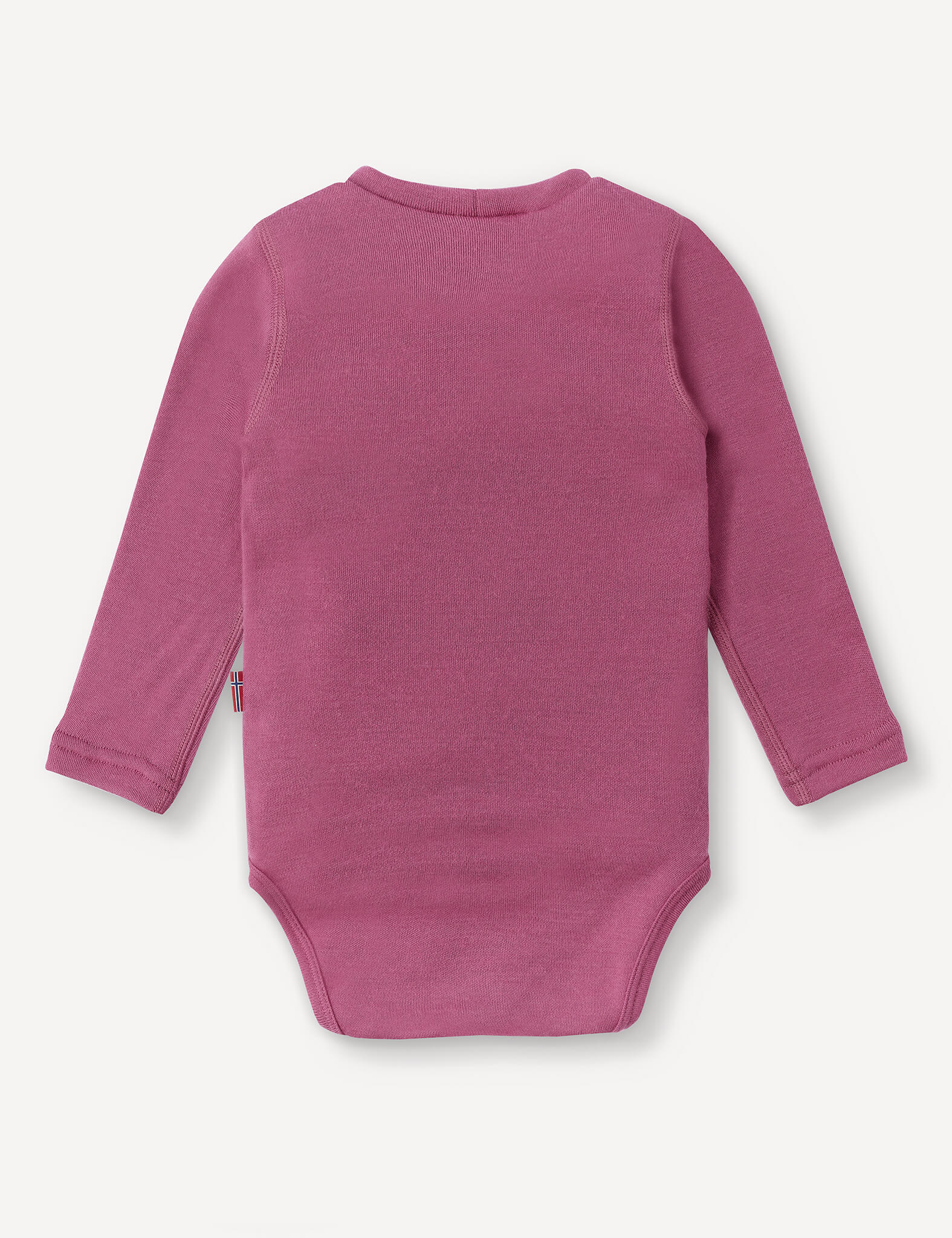 A long-sleeved, solid mauve Body – Merino Baby AirWool onesie made from breathable insulation is shown laid flat and viewed from the back against a white background.