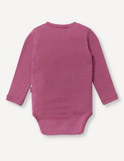 A long-sleeved, solid mauve Body – Merino Baby AirWool onesie made from breathable insulation is shown laid flat and viewed from the back against a white background.