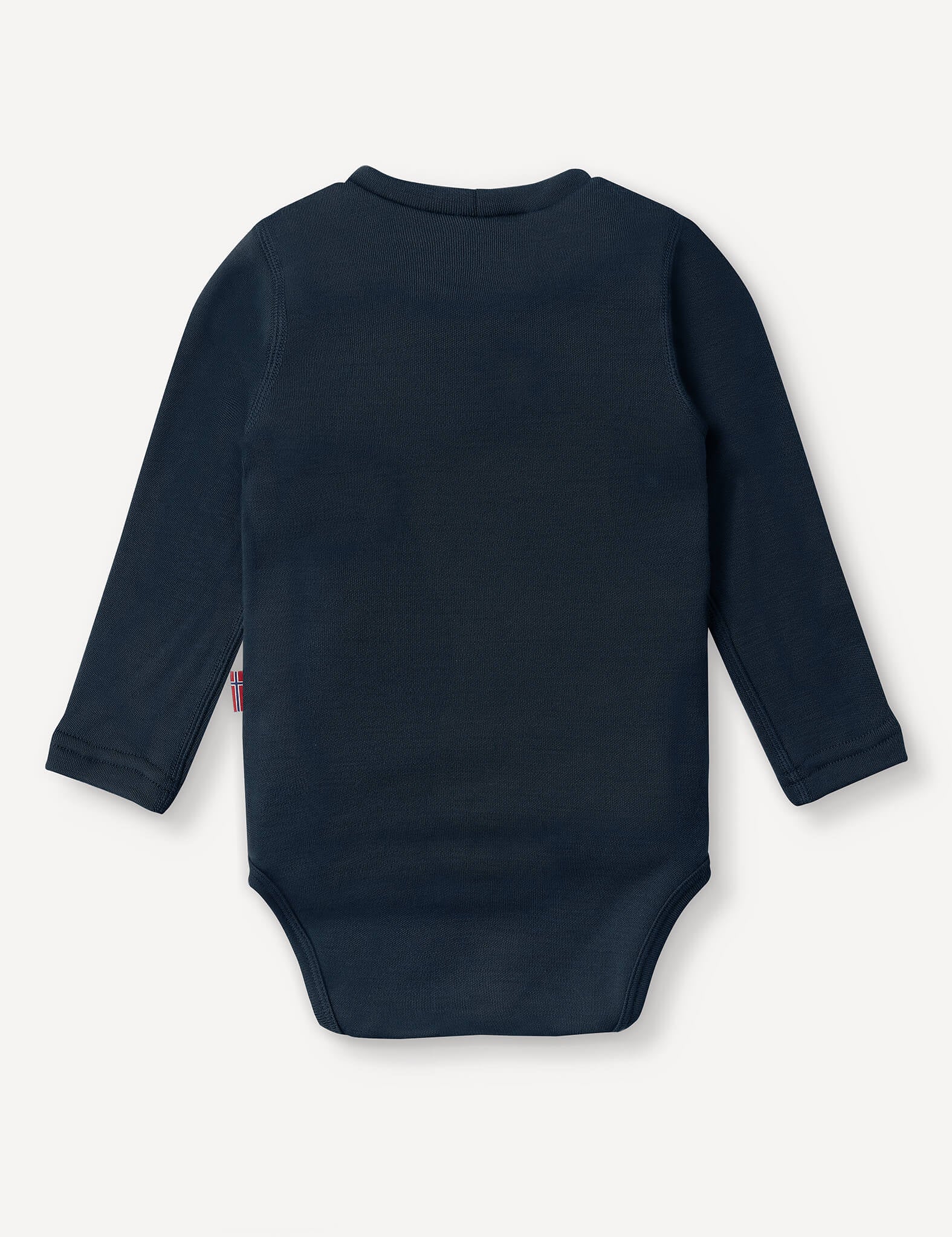 Body – Merino Baby AirWool in navy blue, long-sleeve, shown from the back and laid flat on a white background, features breathable comfort for your baby.
