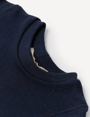 Close-up of the Body – Merino Baby AirWool in navy blue, highlighting the neckline seam with visible stitching and a glimpse of the inner lining at the collar, emphasizing its breathable comfort.