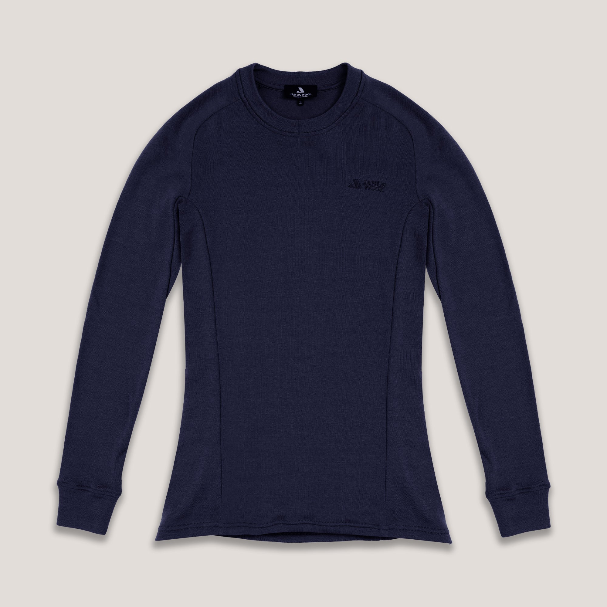Navy Janus AirWool merino long-sleeve shirt on a light gray background