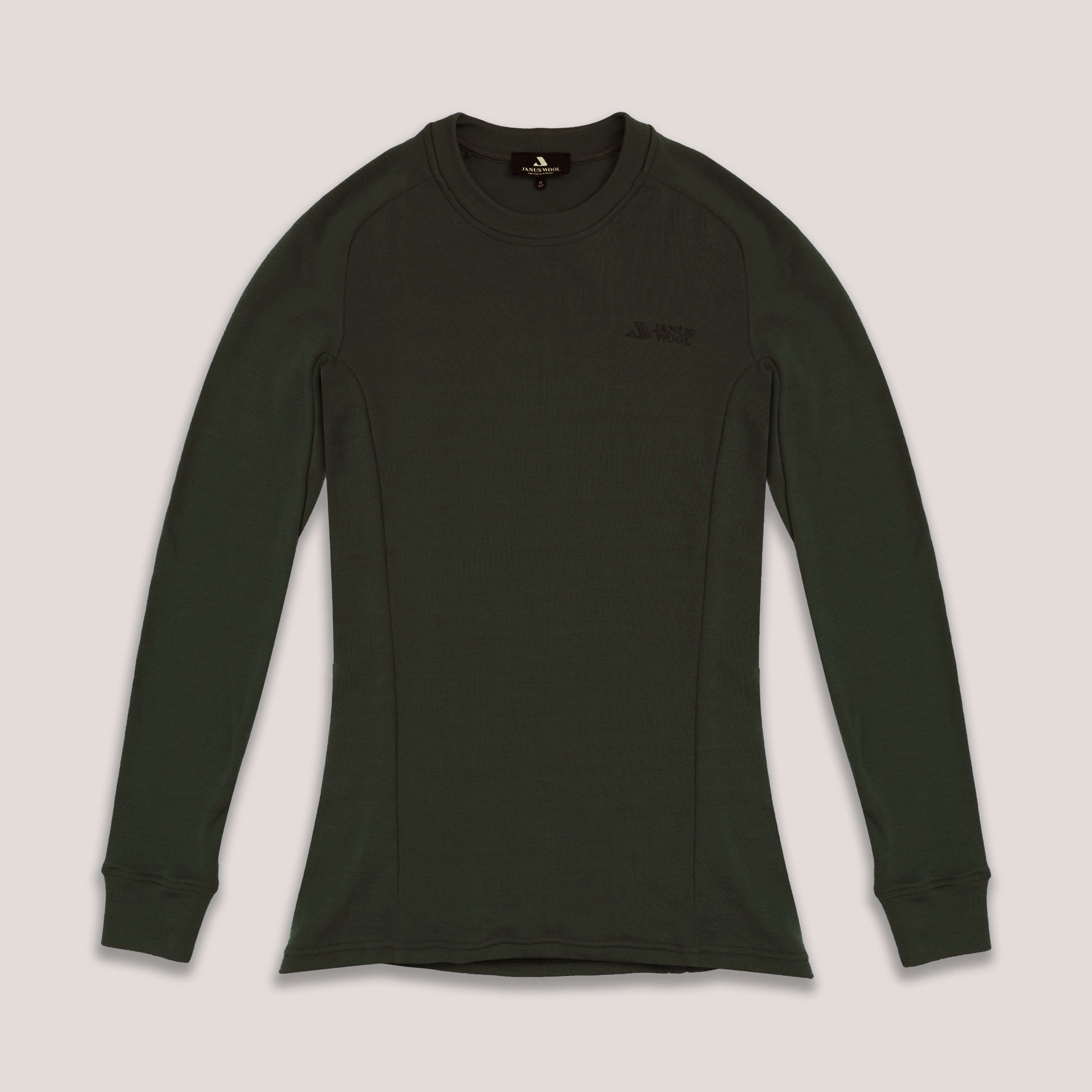 The Jersey Merino – AirWool 260 Men is a dark green, long-sleeved merino wool thermal shirt with a fitted cut, round neck, and subtle left-chest logo, designed for warmth and breathability.