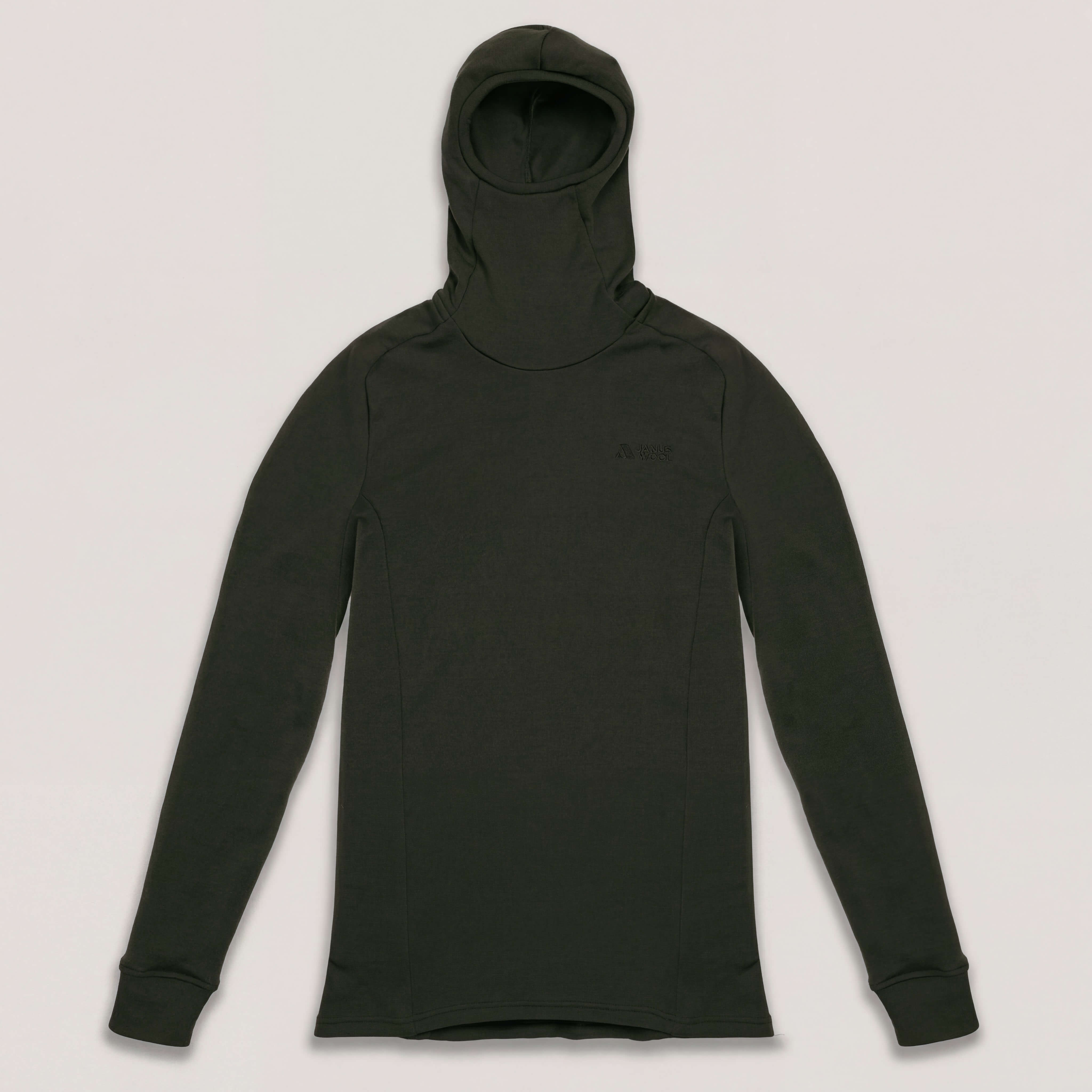 The Hooded Jersey Merino – AirWool 260 Men in Forest Night is displayed flat on a light surface, featuring its hood up and sleeves spread out, highlighting its dark green color and breathable merino wool fabric.