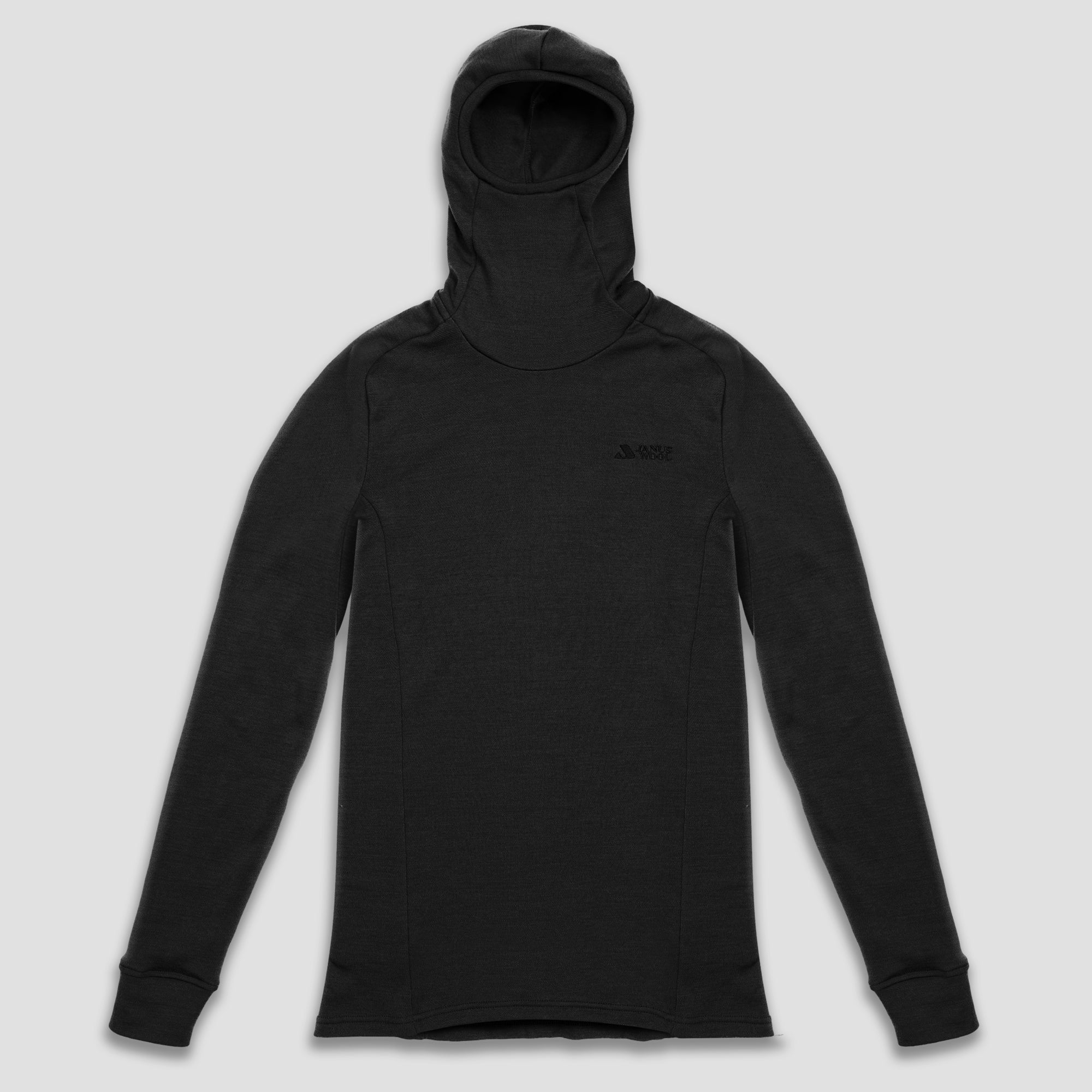 Black Janus AirWool merino hooded jersey on a light gray background