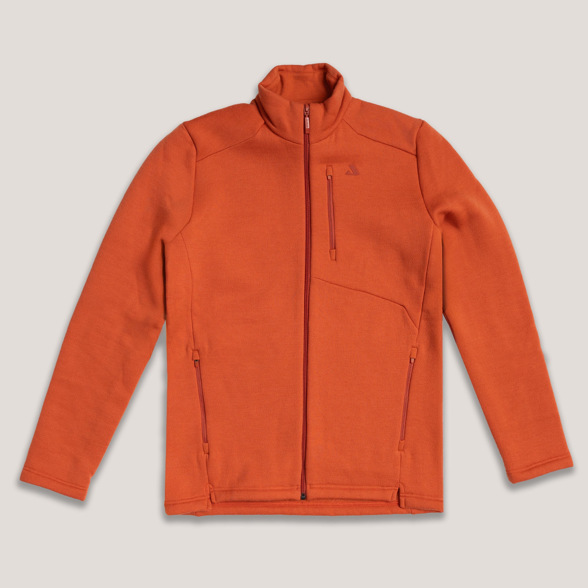 Jacket Merino – AirWool 350 Men in orange, featuring a full zip, stand-up collar, zippered chest pocket, and two side pockets, displayed flat on a light background.