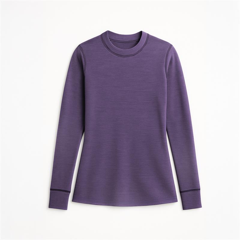The Jersey merino - ReWool 200 Women is a solid purple, long-sleeve crew neck shirt made from sustainable surplus fabrics, shown laid flat on a white background.