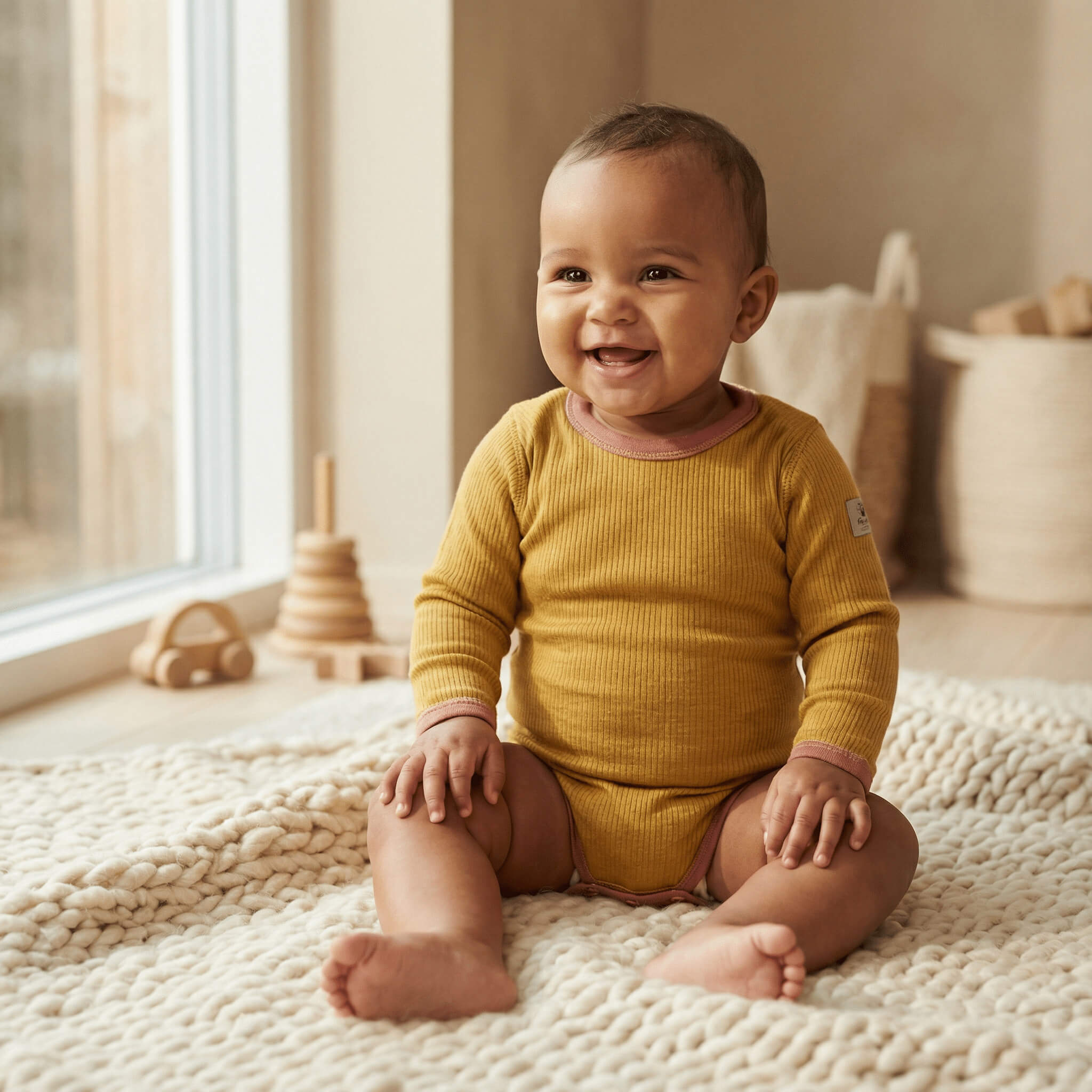 A smiling baby in a mustard yellow Bodysuit Merino – Babywool 185 sits on a chunky knit cream blanket in a cozy, softly lit room with wooden toys and baskets in the background.