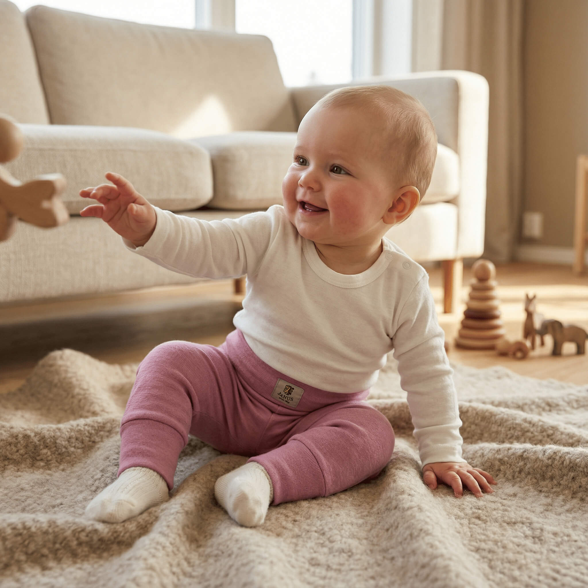 A smiling baby in a white long-sleeve shirt and pink Pants Merino – Babywool 215 sits on a soft beige blanket, reaching for a wooden toy, with wooden animal toys and a couch in the background.