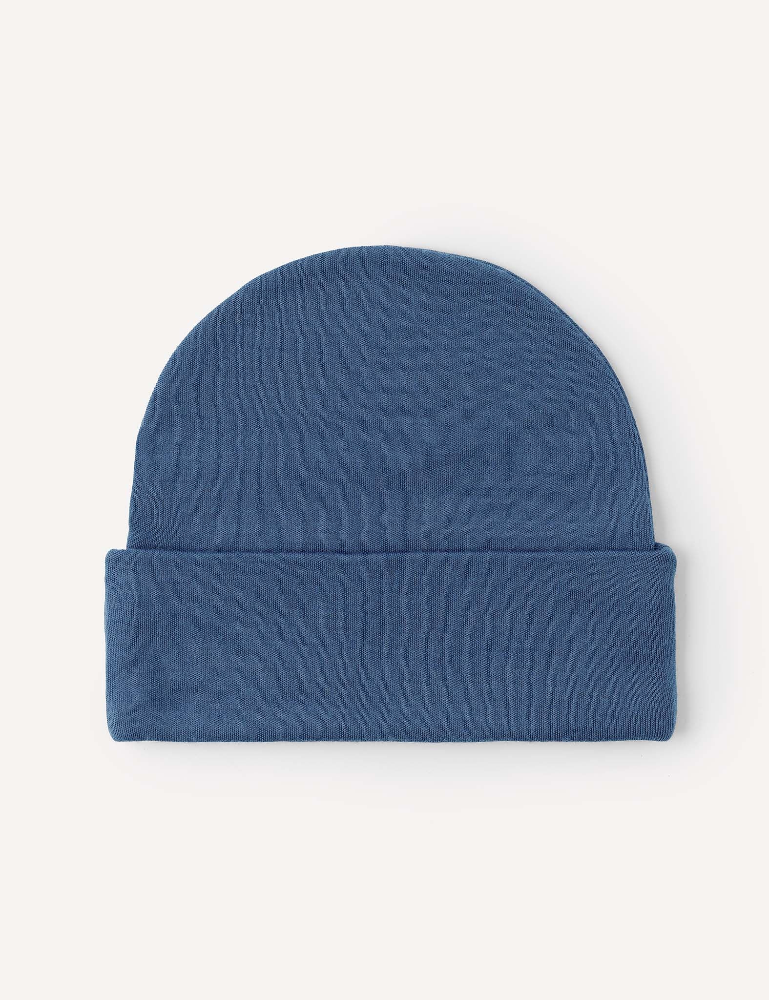 A blue Beanie – Merino Kids AirWool, crafted from breathable merino wool with a folded brim, displayed flat against a plain, light background. This hat is designed to keep you extra warm.