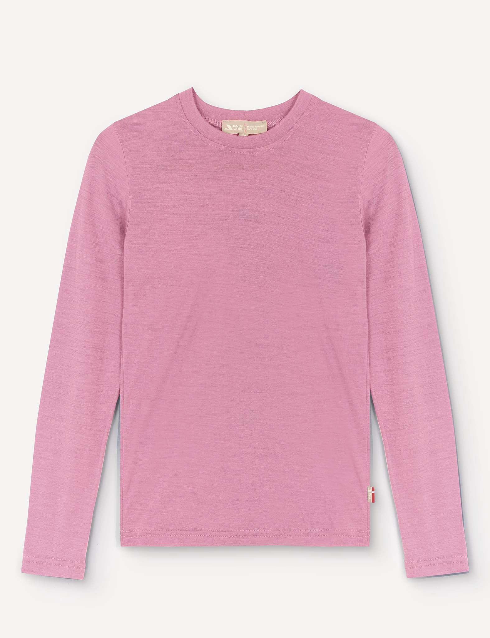 A Merino Kids Light Crewneck in Mauve Orchid with long sleeves is laid flat on a white background.