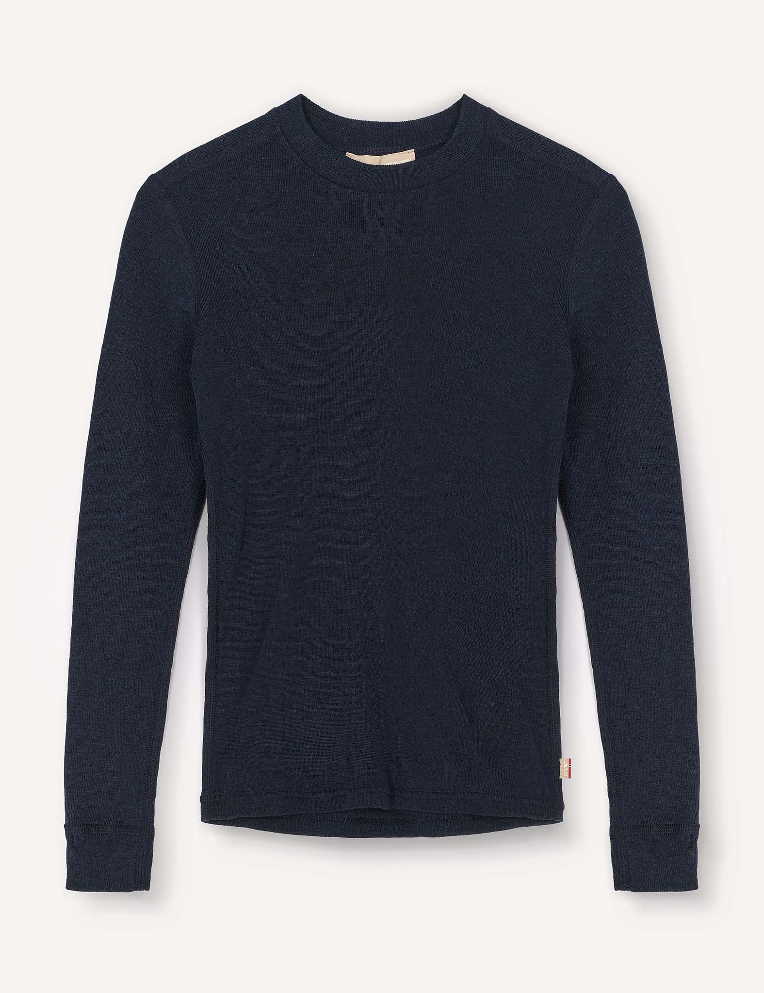 A Crewneck – Merino Kids Classic Rib shirt in Navy, featuring long sleeves and crafted from soft merino wool, is laid flat against a white background.