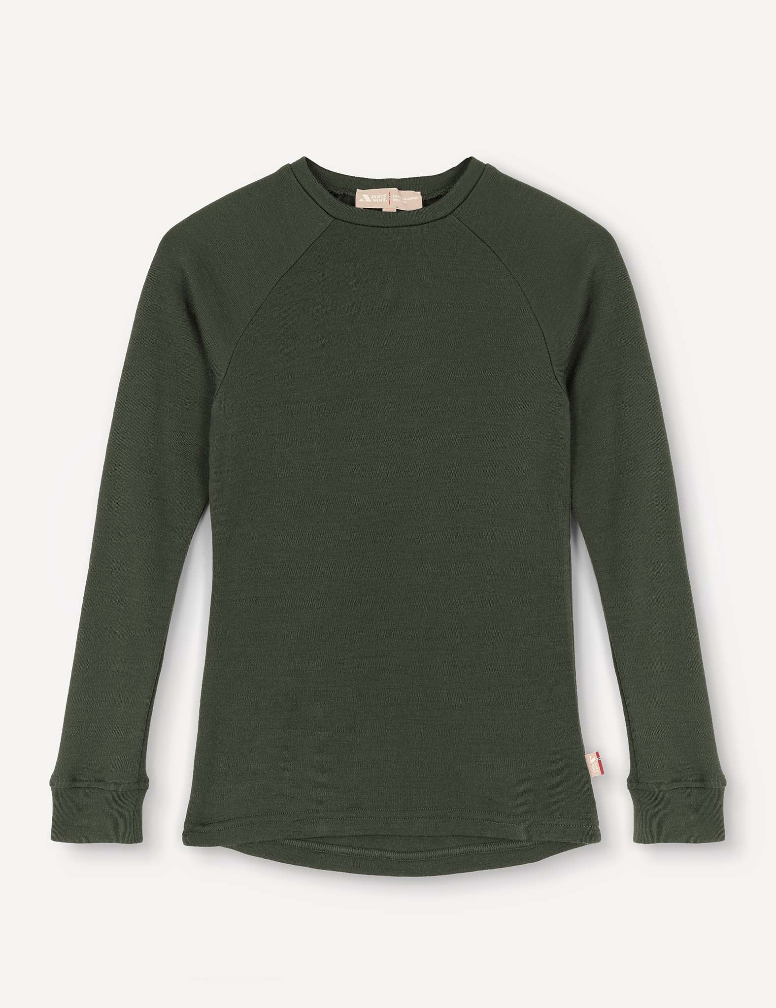 A Crewneck – Merino Kids AirWool in Forest Night, featuring long raglan sleeves and ribbed cuffs, made from soft merino wool and laid flat on a plain light background.