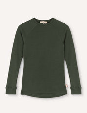 A Crewneck – Merino Kids AirWool in Forest Night, featuring long raglan sleeves and ribbed cuffs, made from soft merino wool and laid flat on a plain light background.