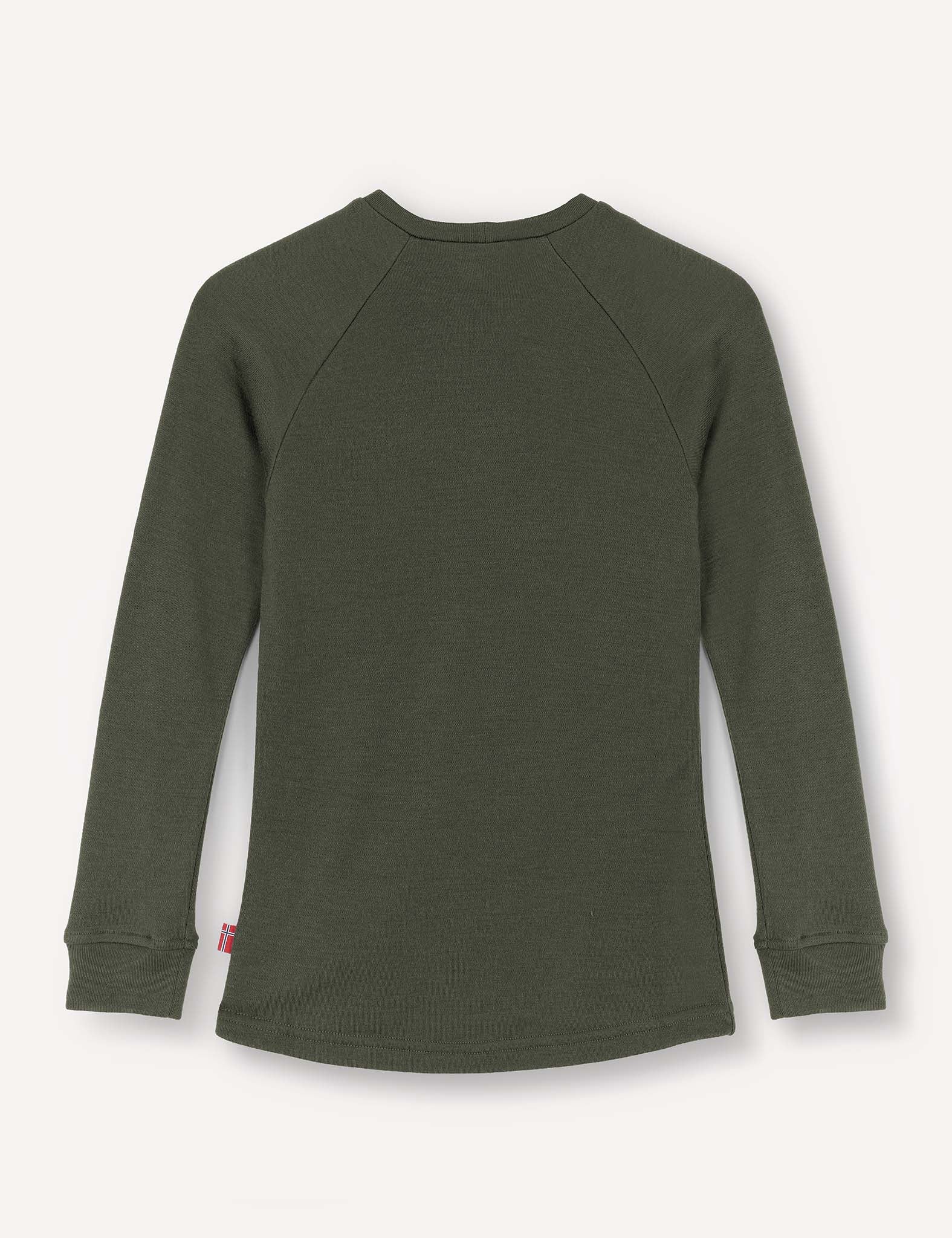 The Crewneck – Merino Kids AirWool, a long-sleeve olive green jersey made from merino wool, is shown with its back facing up against a plain white background.