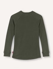 The Crewneck – Merino Kids AirWool, a long-sleeve olive green jersey made from merino wool, is shown with its back facing up against a plain white background.