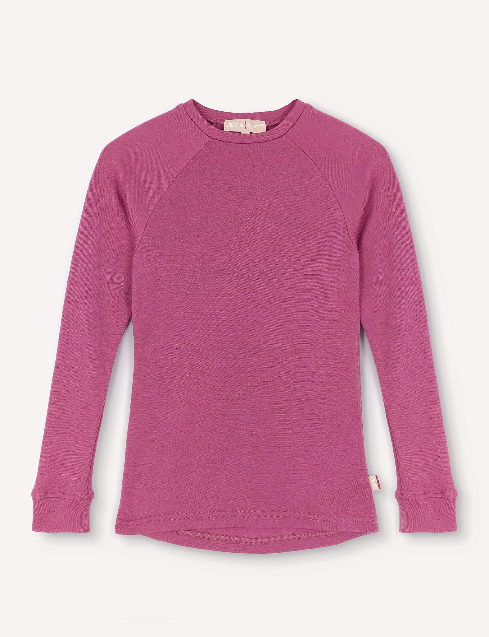 A long-sleeve, crewneck jersey shirt in solid Hawthorn Rose, crafted from AirWool 260 merino wool with ribbed cuffs, laid flat on a light background.