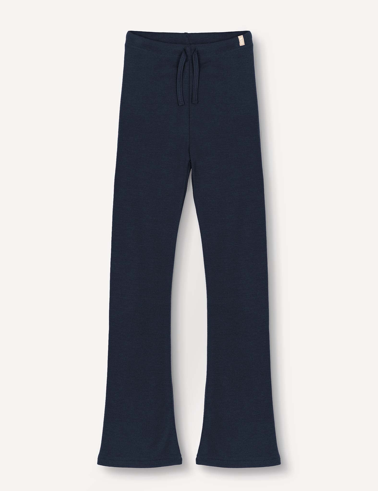 Navy Flarepants – Merino Kids AirWool, crafted from AirWool 260 merino wool and featuring a stylish drawstring waist, are shown full-length and laid flat against a plain light background.