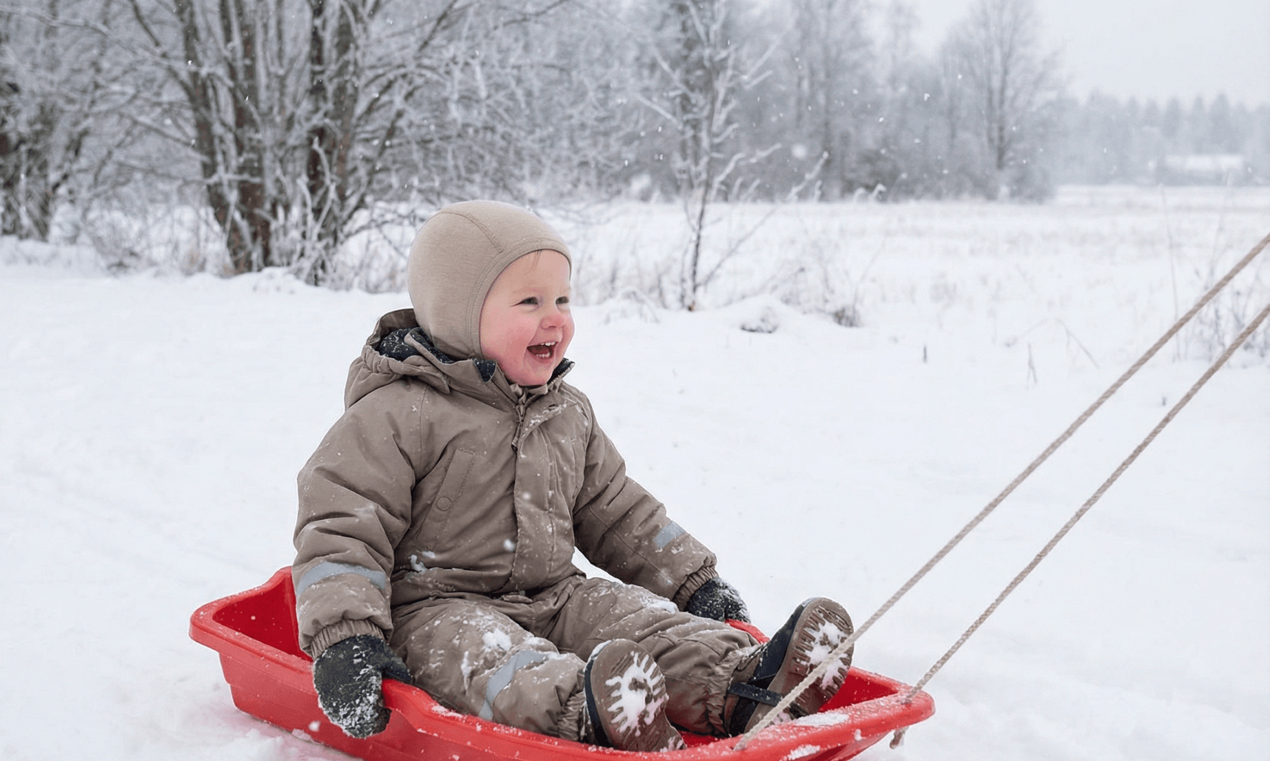 A young child dressed in a warm merino wool coat, hat, and gloves smiles while sitting in a red sled being pulled through snow on a wintry day, with trees and a snowy field in the background.