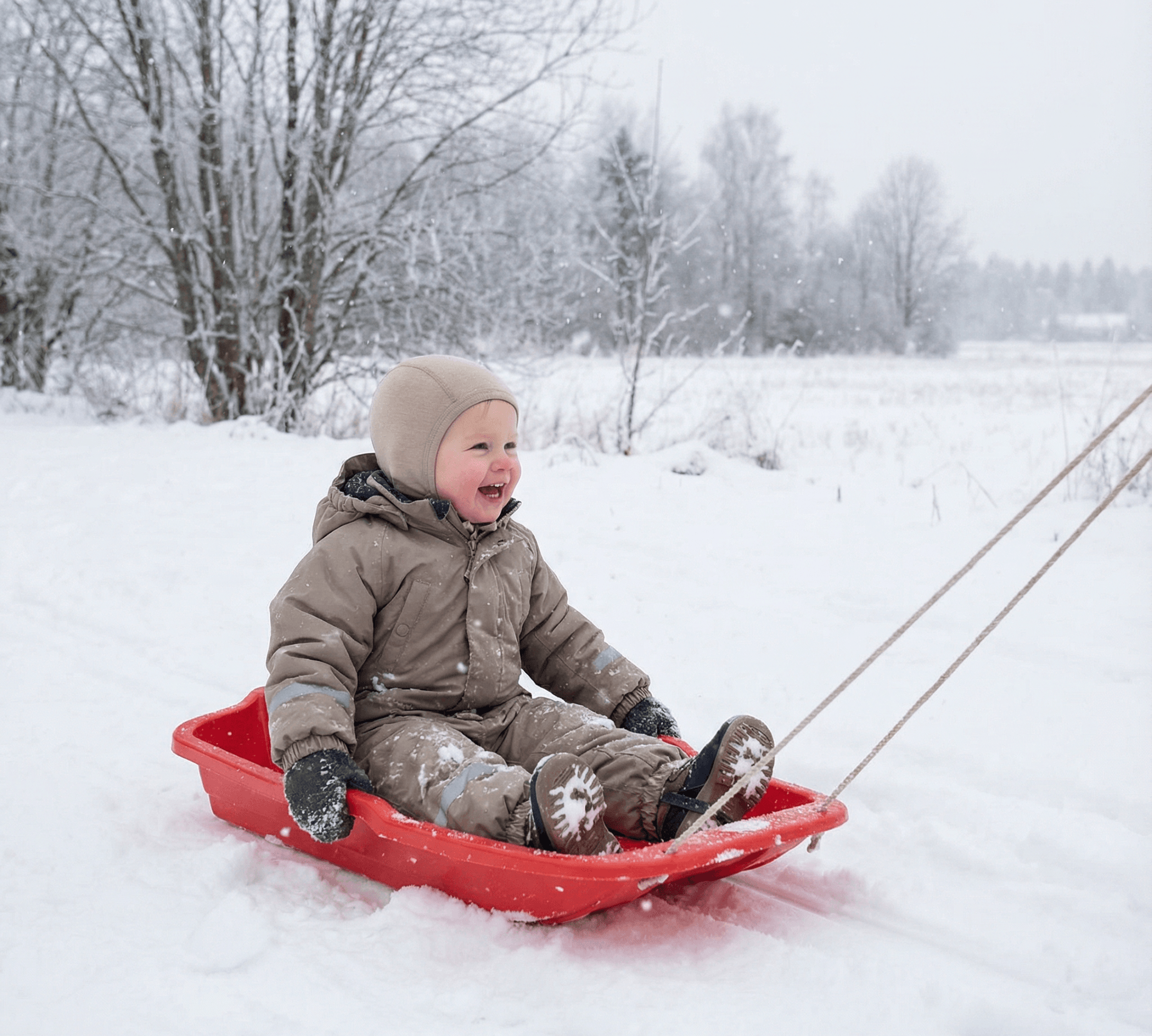 A young child dressed in a warm merino wool coat, hat, and gloves smiles while sitting in a red sled being pulled through snow on a wintry day, with trees and a snowy field in the background.