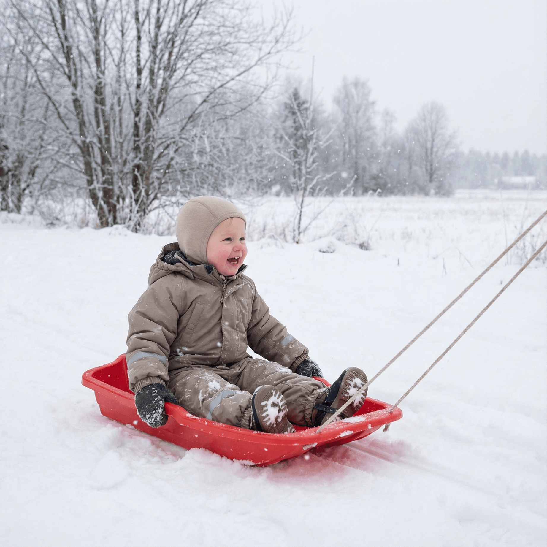 A young child dressed in a warm merino wool coat, hat, and gloves smiles while sitting in a red sled being pulled through snow on a wintry day, with trees and a snowy field in the background.