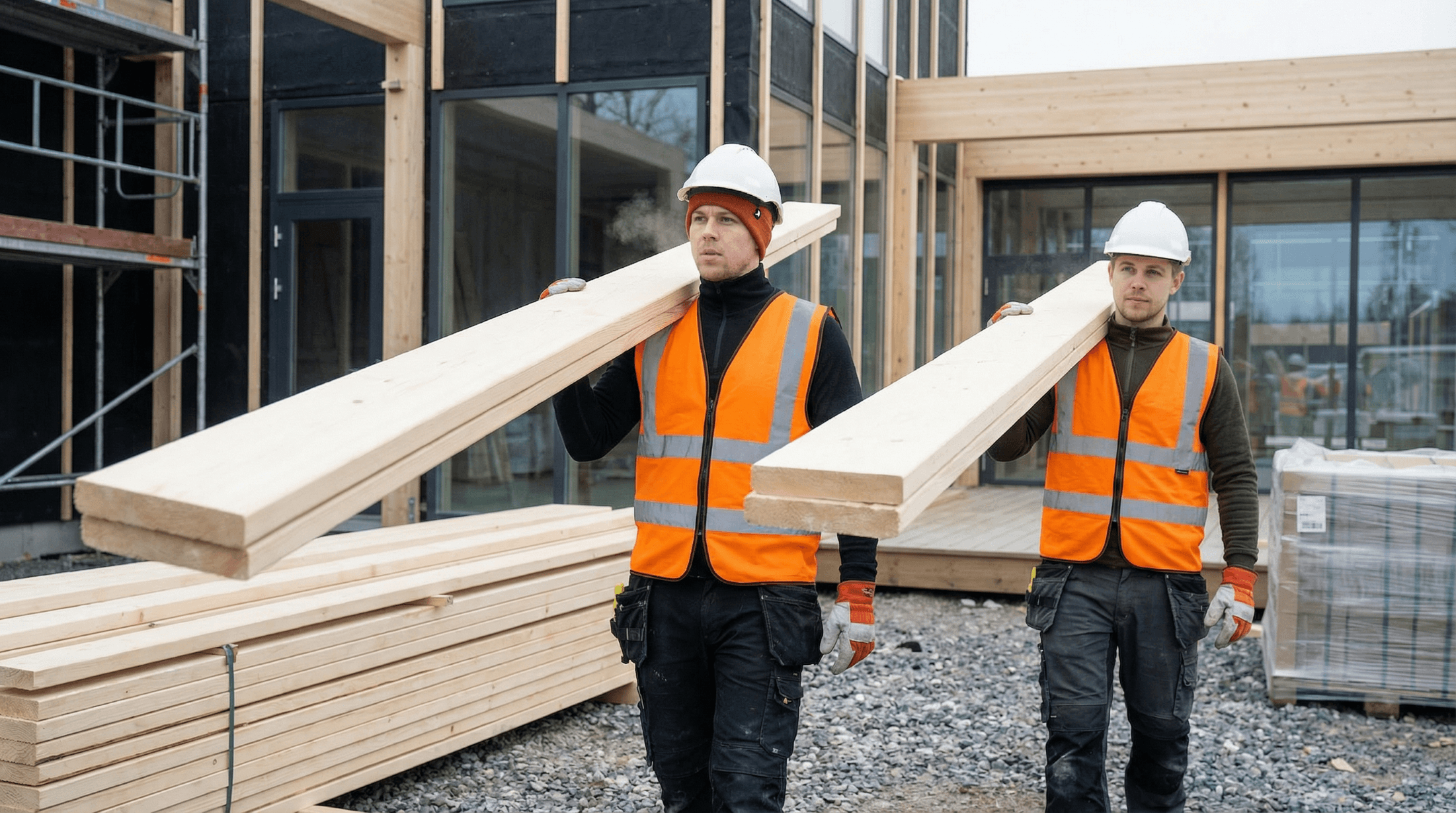 Two construction workers wearing white hard hats and orange safety vests carry long wooden planks at a building site with stacks of lumber and a modern structure in the background, showing the durability needed for merino wool workwear.