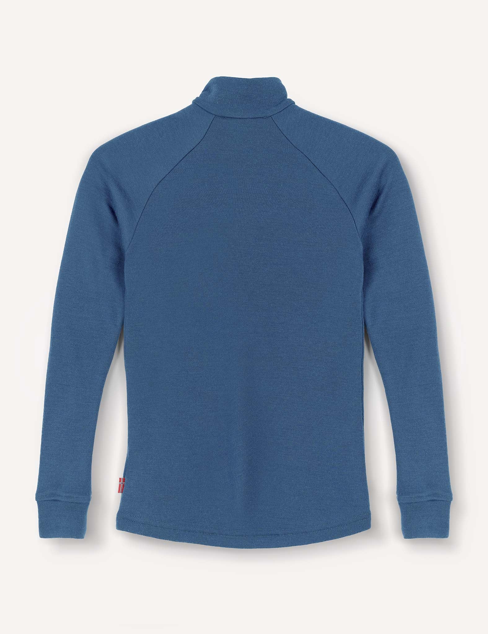 A blue Merino Kids AirWool Half Zip long-sleeve shirt with a high collar, displayed from the back against a plain white background.