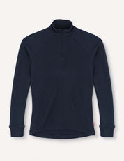 A navy Half Zip – Merino Kids AirWool pullover featuring long sleeves, a mock neck, and a quarter-zip front. Crafted from soft AirWool 260 fabric with slightly extended cuffs, the shirt is displayed flat against a plain white background.
