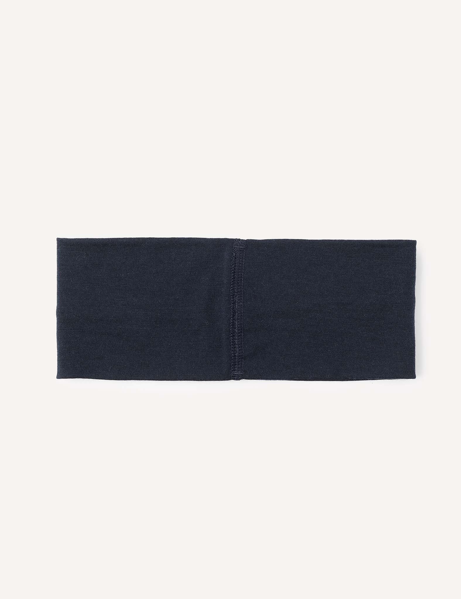 The Headband – Merino Kids Light is a wide, rectangular headband in navy blue merino wool, displayed flat on a light background with a clearly visible seam centered on the band.