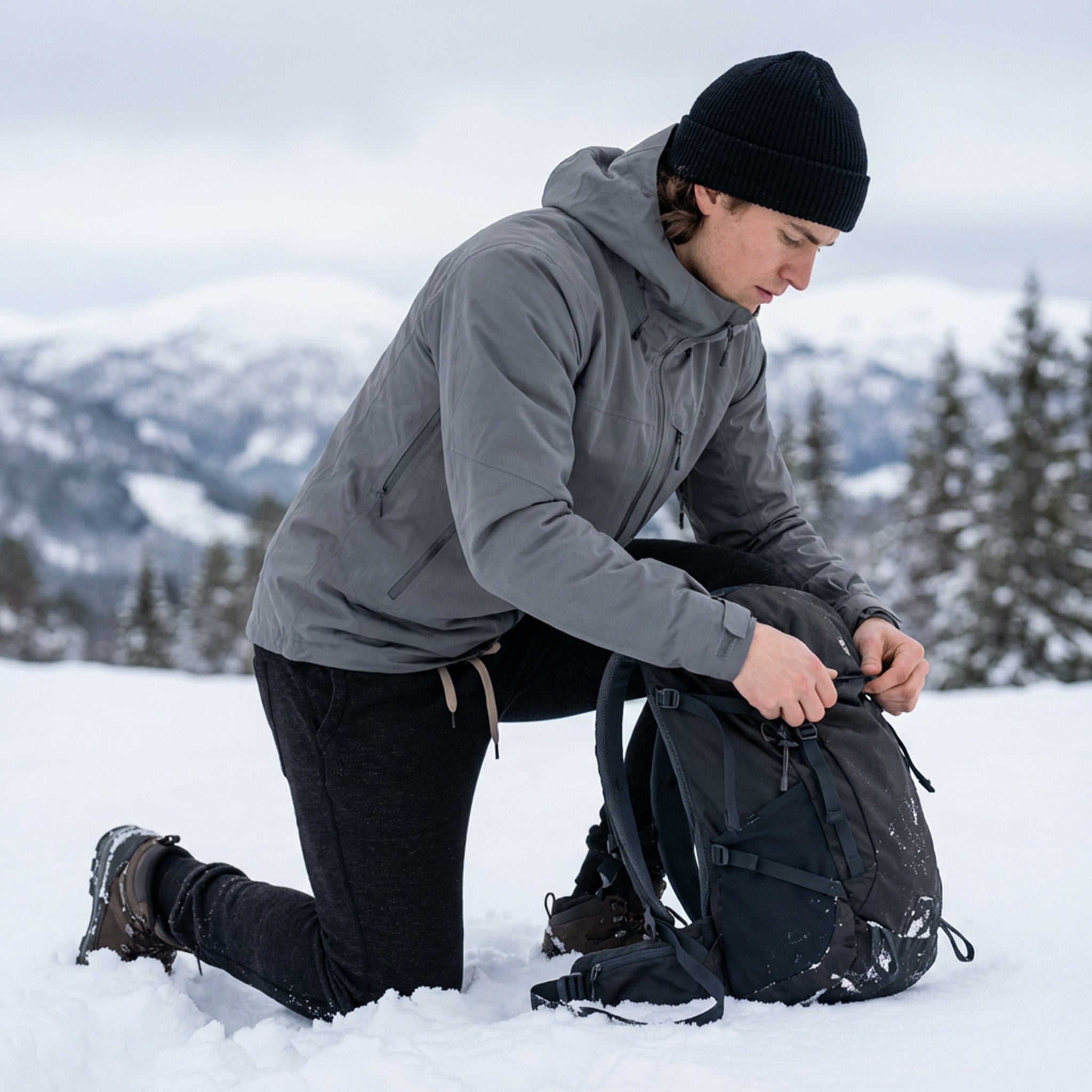 A person in a gray jacket, black beanie, Pants merino - Designwool 350 Men, and boots kneels in the snow to adjust a black backpack. In the background, snow-covered trees and mountains appear under a cloudy sky.