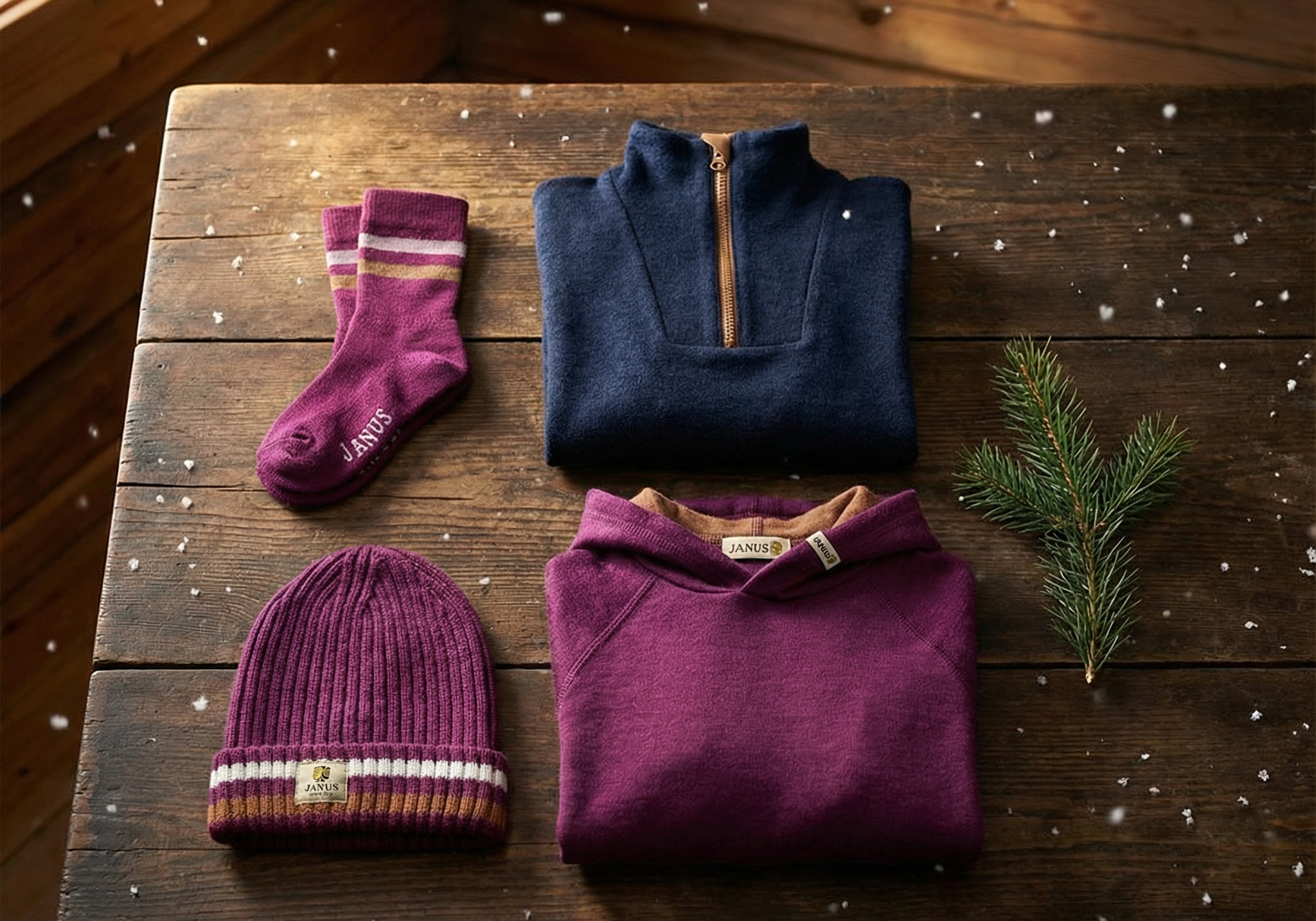Hyper-realistic_flat_lay_of_Kids_merino_wool_gifts_on_a_dark_Scandinavian_tabletop._Minimal_Christmas_atmosphere_with_soft_falling_snow_and_a_single_green_pine_branch._Clean_premium_c_908b7d7e-9763-4472-a093-b67bfeb38d4f.png