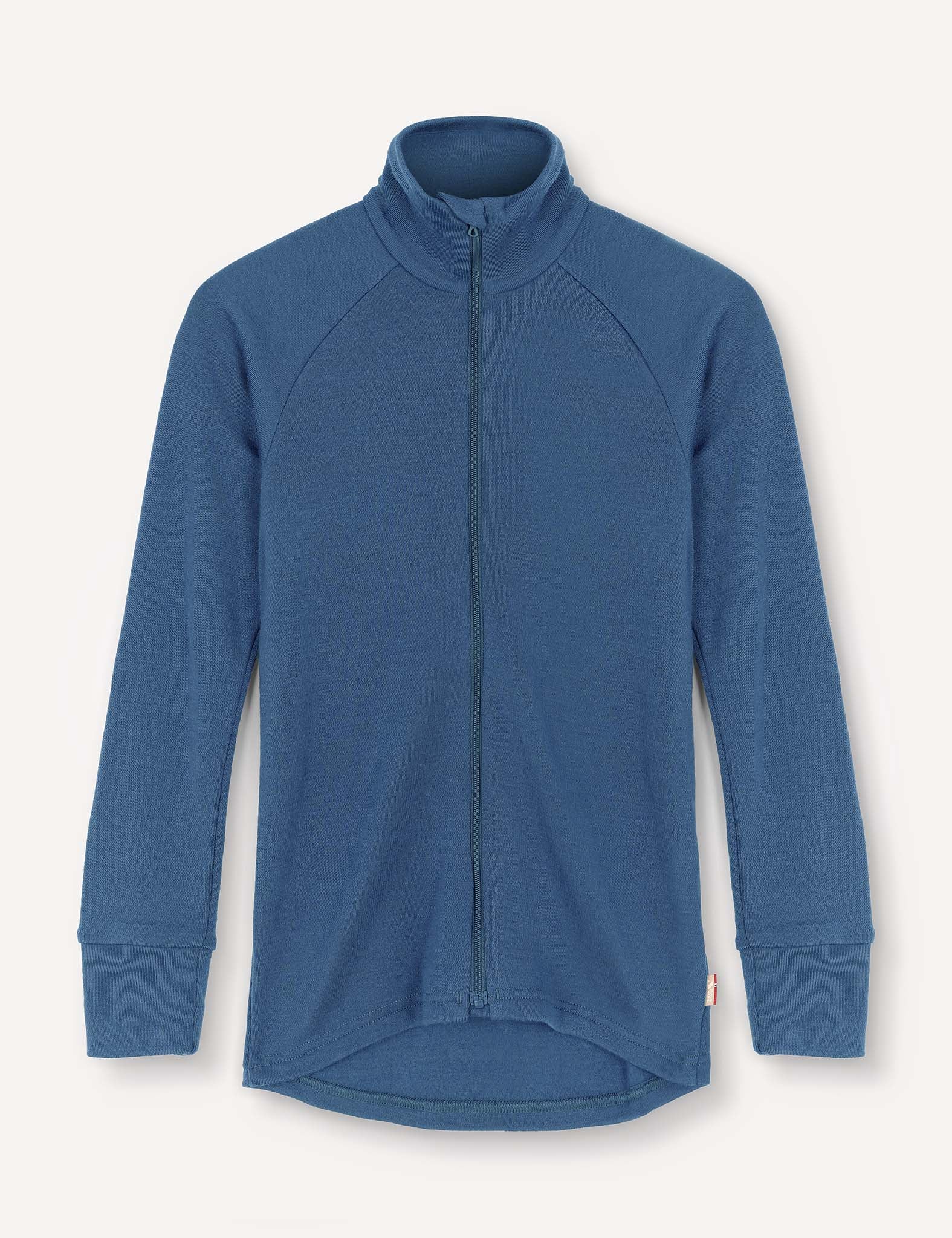 An Ensign Blue, long-sleeve, full-zip Jacket – Merino Kids AirWool with a high collar and ribbed cuffs, displayed flat on a light background.