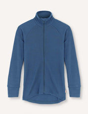 An Ensign Blue, long-sleeve, full-zip Jacket – Merino Kids AirWool with a high collar and ribbed cuffs, displayed flat on a light background.