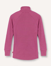 A magenta, long-sleeve, high-neck pullover from the Jacket – Merino Kids AirWool collection, made from AirWool 260 merino wool material, displayed from the back against a plain white background.