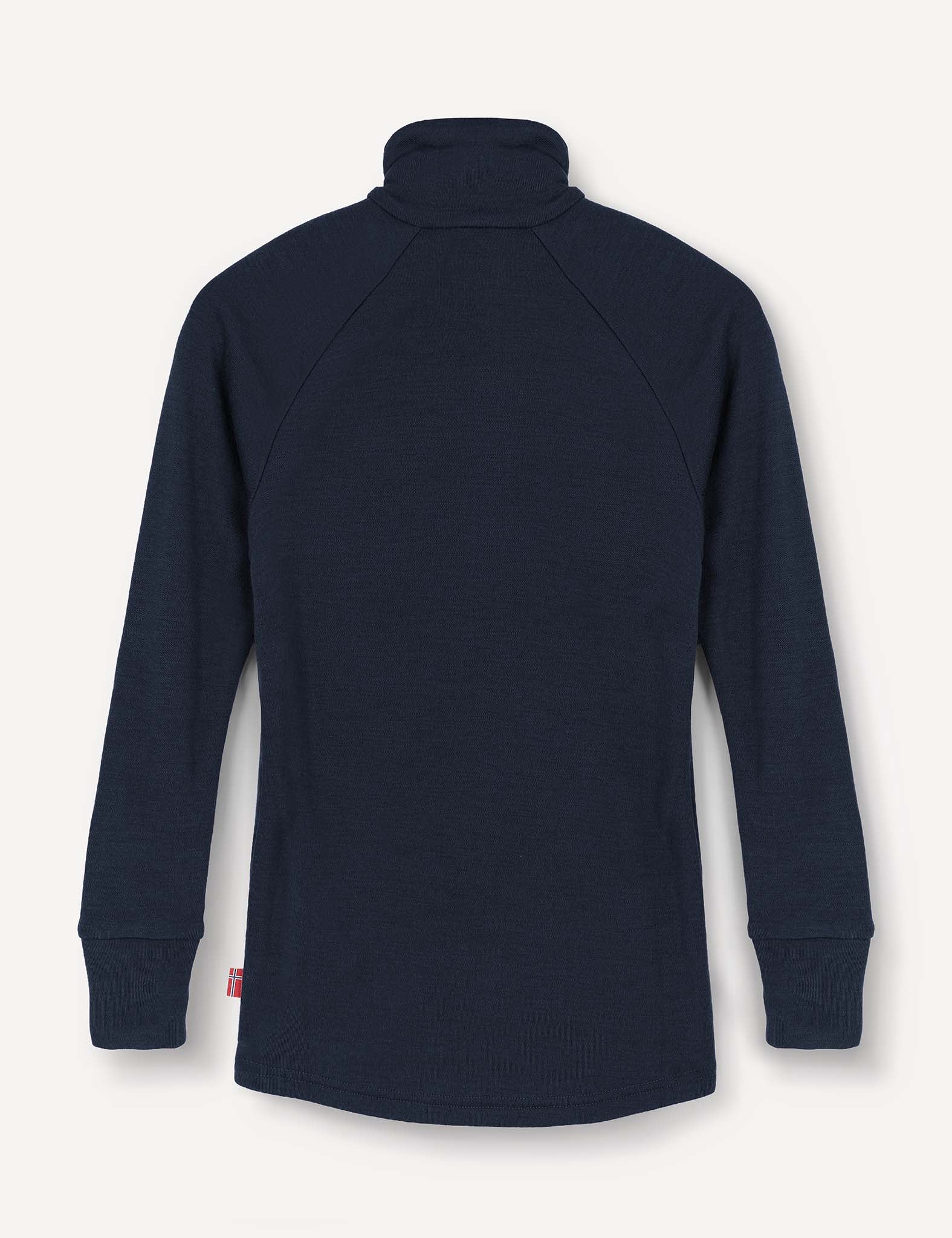 A long-sleeve, dark navy blue Jacket – Merino Kids AirWool is shown laid flat with the back facing up, featuring raglan sleeves and ribbed cuffs. Crafted from brushed AirWool, this flexible wool jacket provides both warmth and comfort.