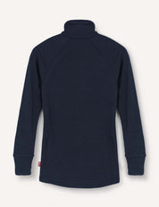 A long-sleeve, dark navy blue Jacket – Merino Kids AirWool is shown laid flat with the back facing up, featuring raglan sleeves and ribbed cuffs. Crafted from brushed AirWool, this flexible wool jacket provides both warmth and comfort.