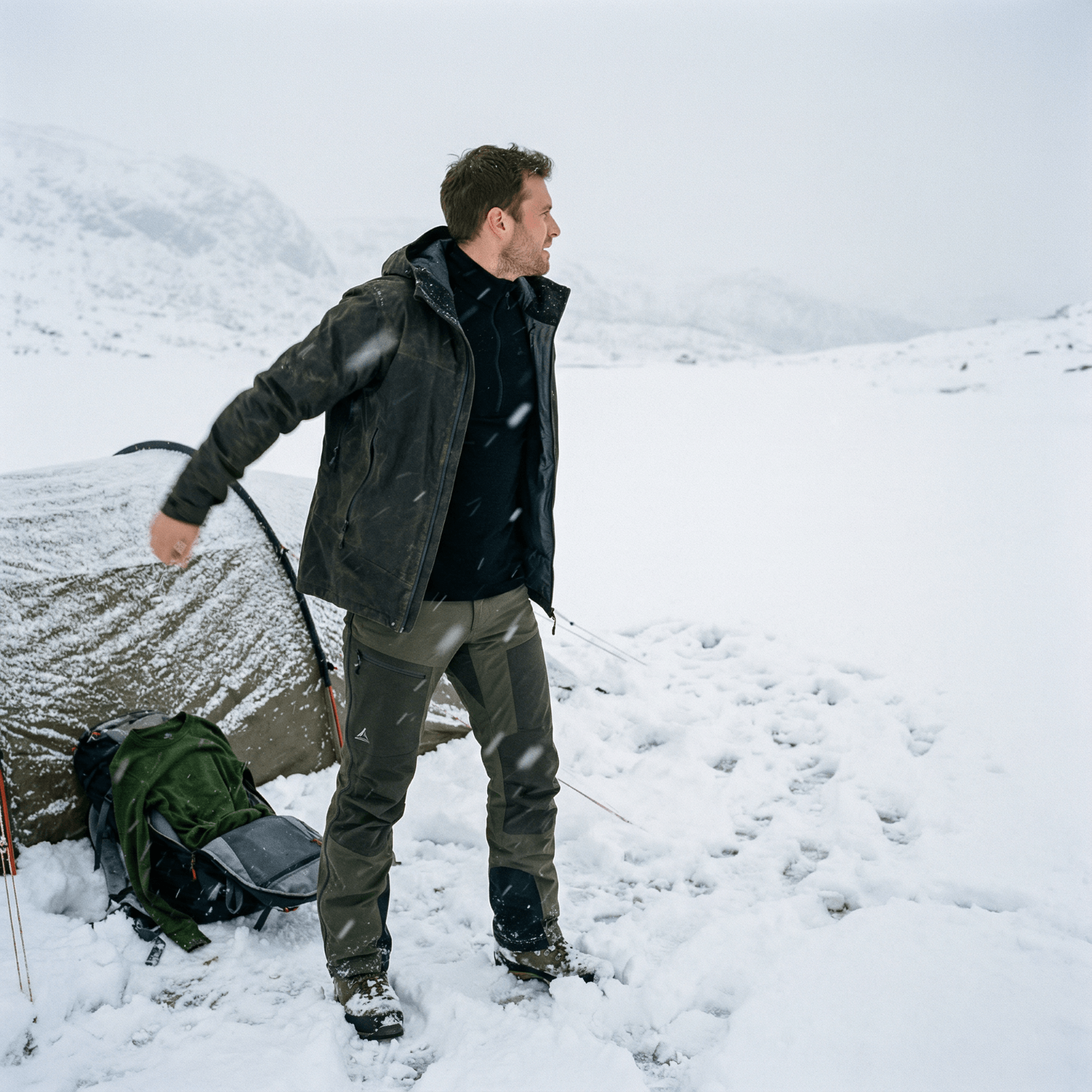 A man stands in snowy terrain near a tent and backpack, wearing merino wool outdoor winter clothing. Snow is falling, and mountains are visible in the background under an overcast sky.