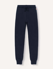 Merino Kids AirWool sweatpants in navy blue, featuring an elastic waistband with drawstring and ribbed cuffs, displayed flat on a light background.