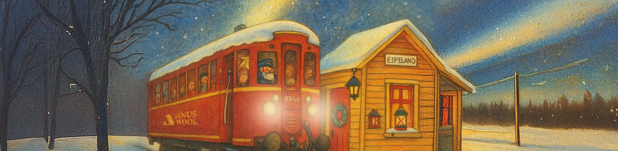 A red train labeled JANNS WOGN stops at a small wooden station called ENDPLAND on a snowy night. Passengers wrapped in cozy merino wool gaze out the windows as warm light glows from the building beneath a starry sky.