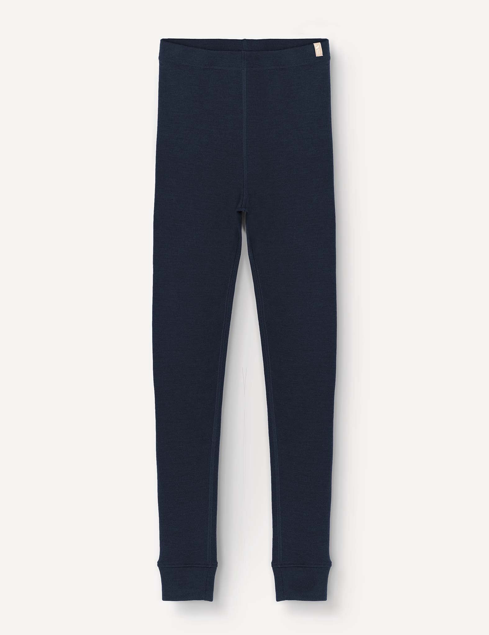 Navy Leggings – Merino Kids AirWool, full-length with an elastic waistband and ribbed cuffs, displayed flat on a light background. These warm and soft thermals provide comfort and style.