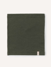 A neatly folded, rectangular olive green Neckwarmer – Merino Kids AirWool with a small beige tag on the lower right edge, displayed on a light background.