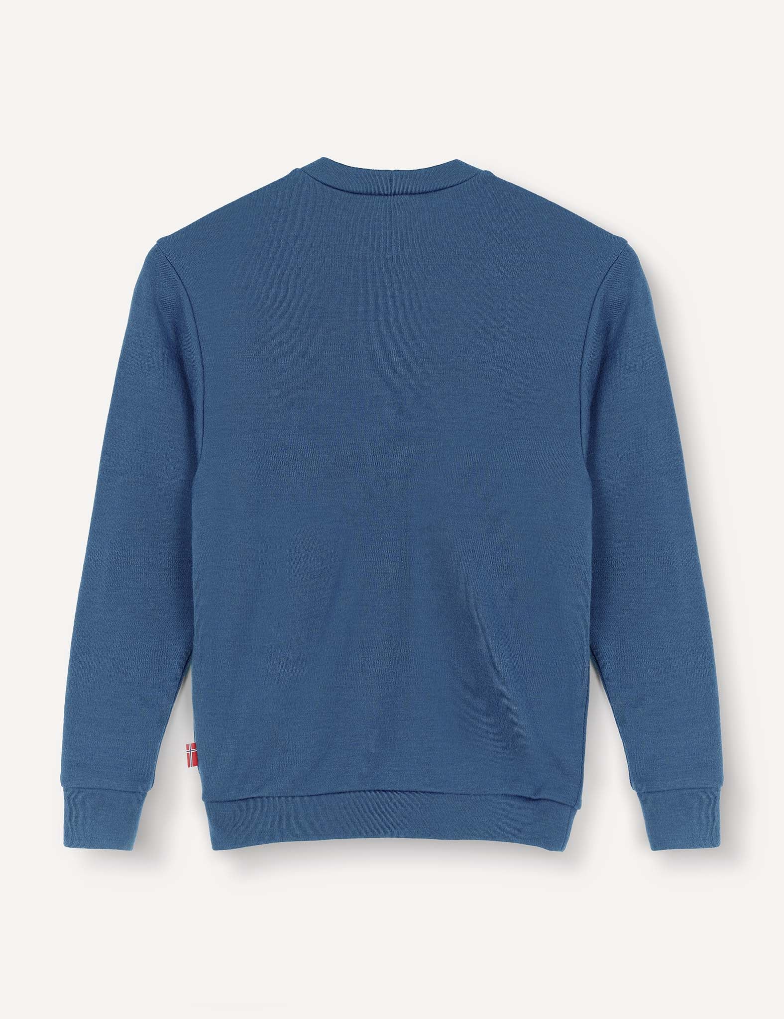The Pullover – Merino Kids AirWool in blue is shown from the back, featuring long sleeves, a crewneck design, and ribbed cuffs and hem, displayed on a plain white background.