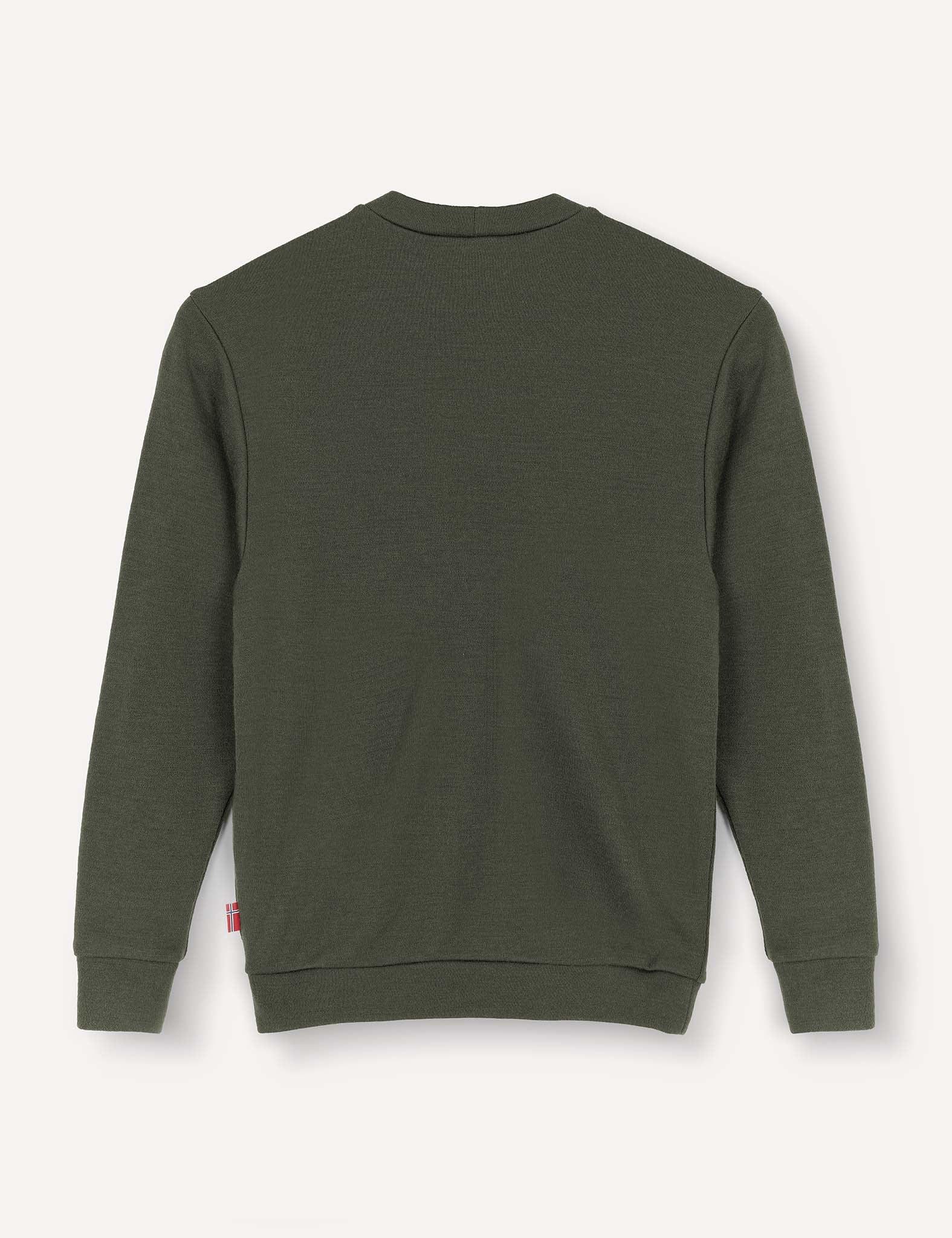 A dark green Pullover – Merino Kids AirWool sweater, featuring a plain design and long sleeves, is displayed from the back against a light background. Made from flexible wool, it includes ribbed cuffs, hem, and neckline, along with a small red tag on the side seam.