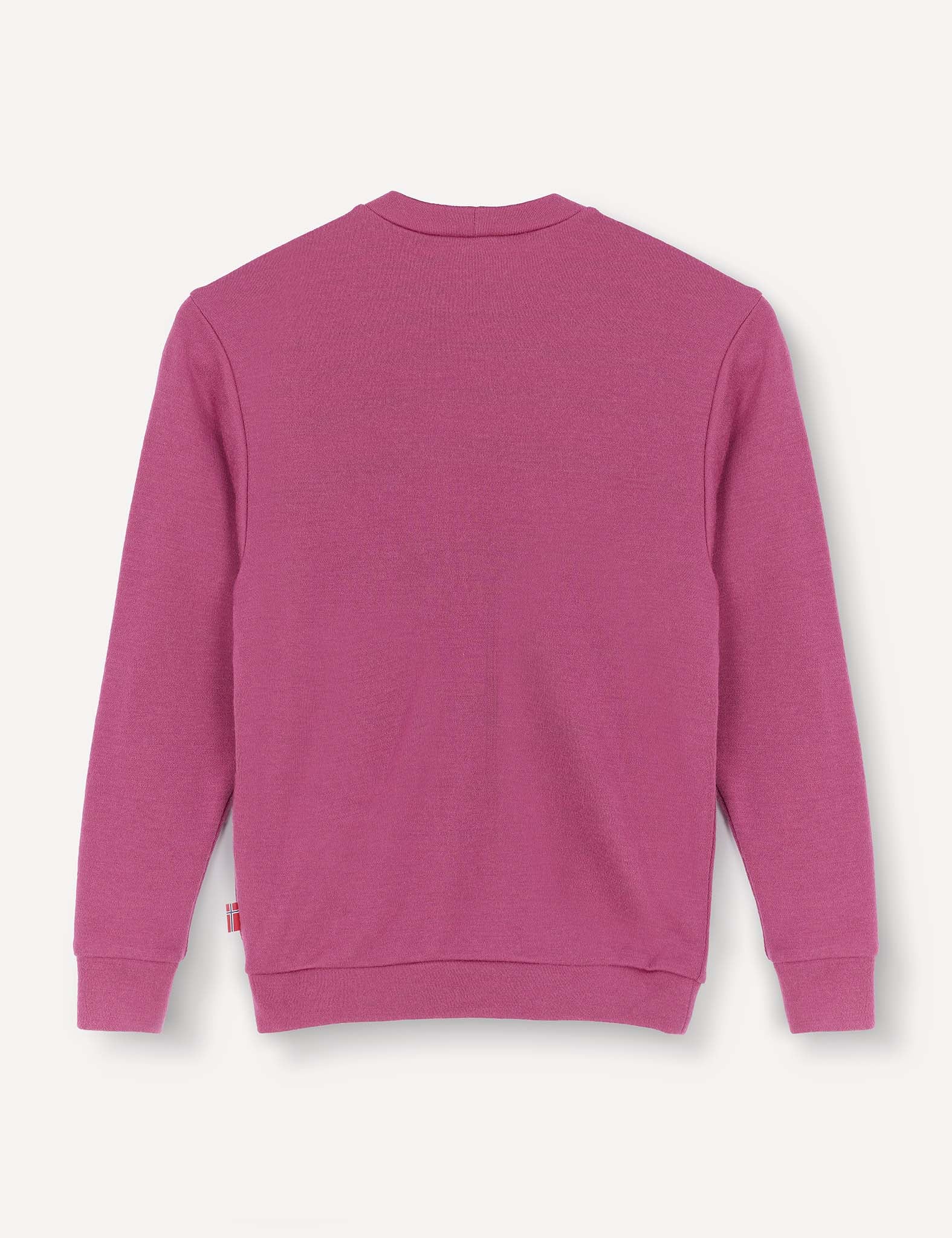 A solid magenta Pullover – Merino Kids AirWool sweater with long sleeves and a crewneck, displayed flat with the back facing up against a white background.