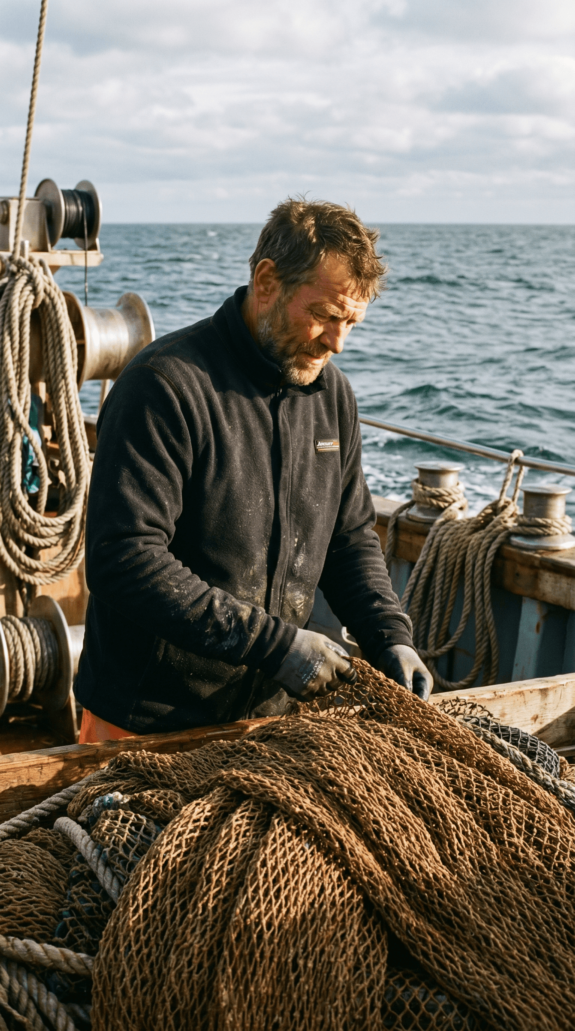 Man on a boat working with fishing nets against a backdrop of ocean and sky.