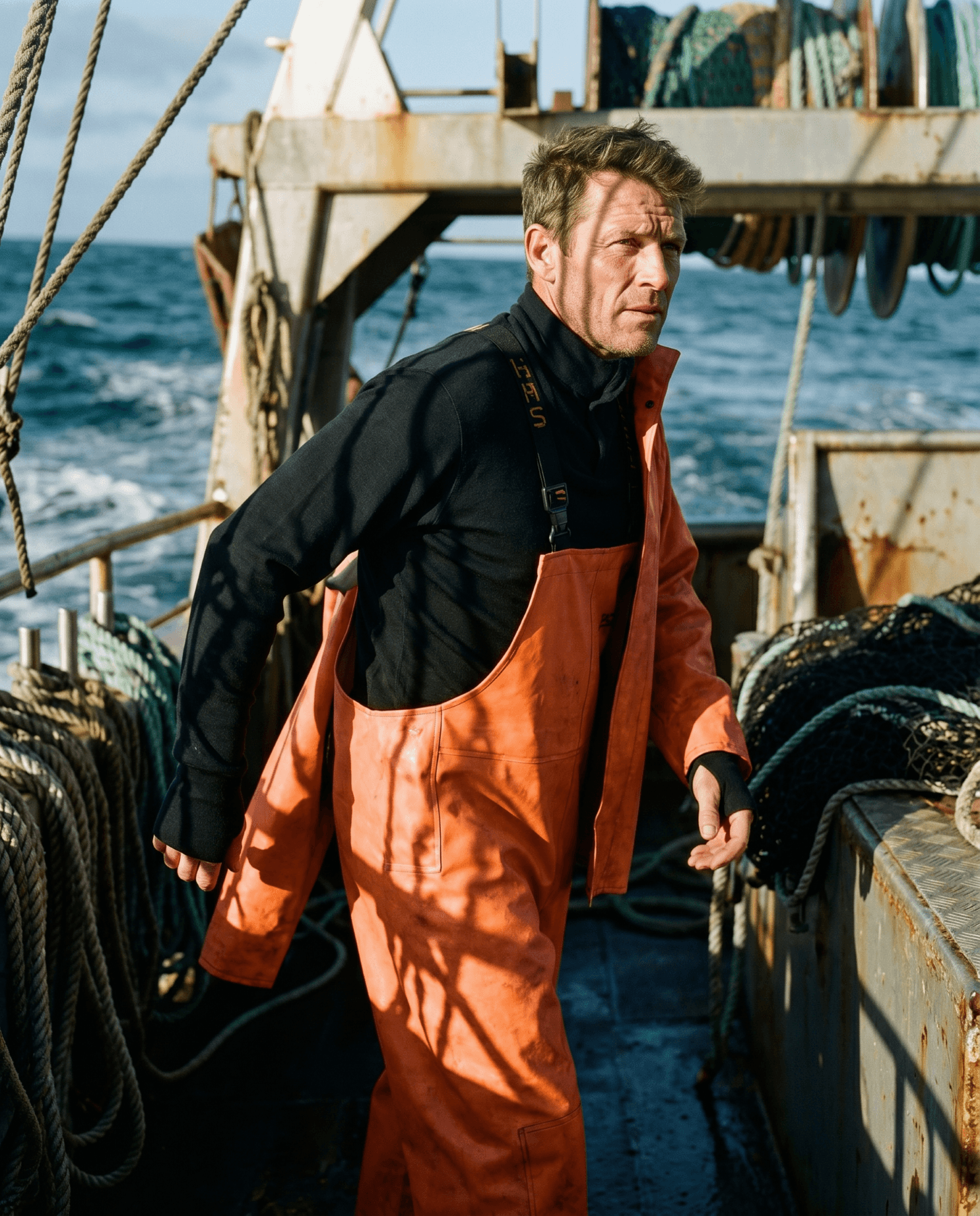 A man wearing orange waterproof overalls and a black merino wool shirt stands on a fishing boat, with coiled ropes and equipment around him and the ocean visible in the background under a partly cloudy sky.
