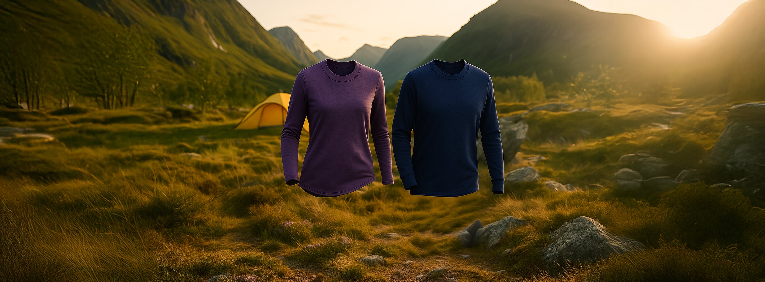 Two Janus Wool ReWool long-sleeve shirts in a mountainous landscape with a tent and sunset.